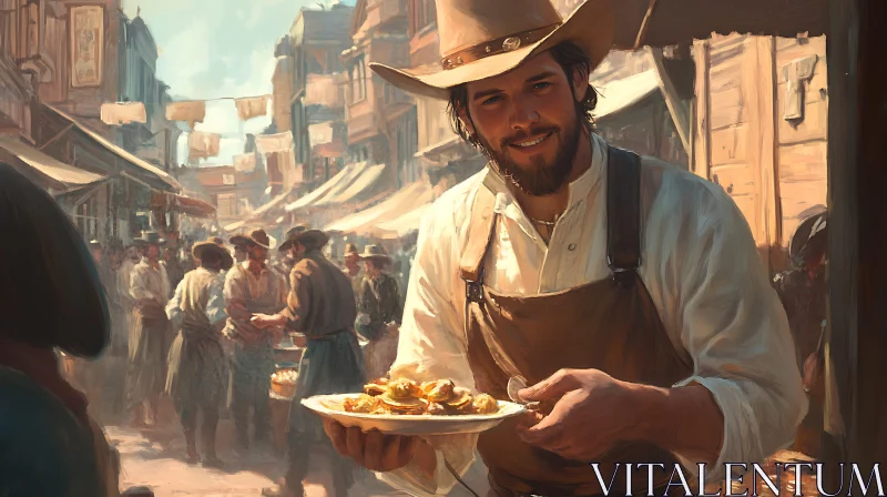 Rustic Market Scene with Smiling Cowboy AI Image