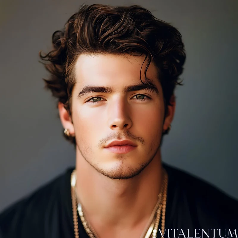 Young Man with Styled Hair and Earrings in a Close-Up Portrait AI Image