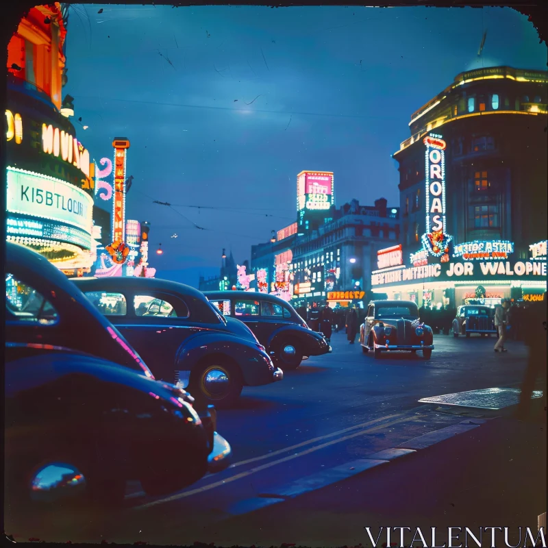 AI ART Urban Nightlife with Neon Signs and Classic Cars