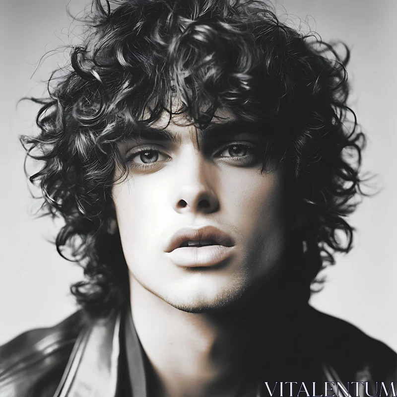 Black and White Intense Portrait of Curly-Haired Man AI Image