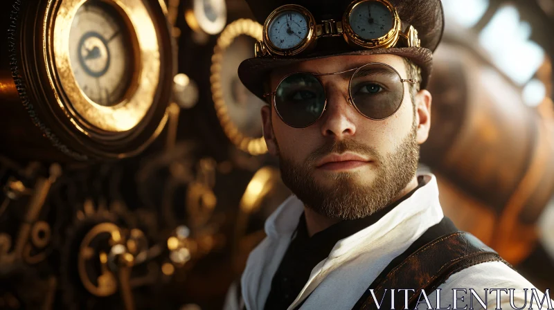 Steampunk Man with Goggles and Clockwork Background AI Image