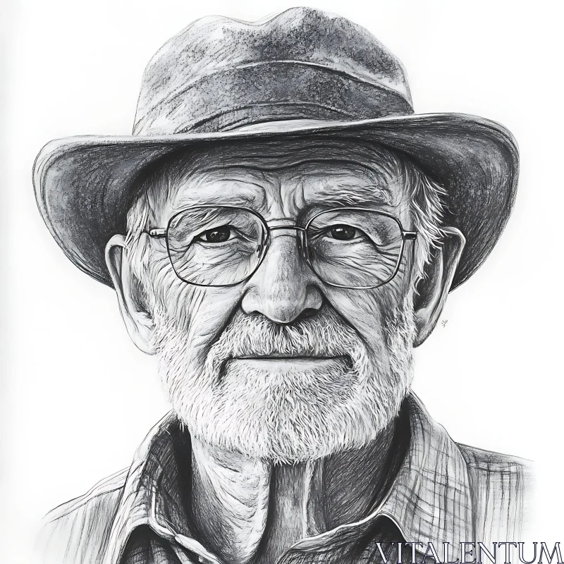 Elderly Man in Glasses and Hat - Black and White Portrait AI Image