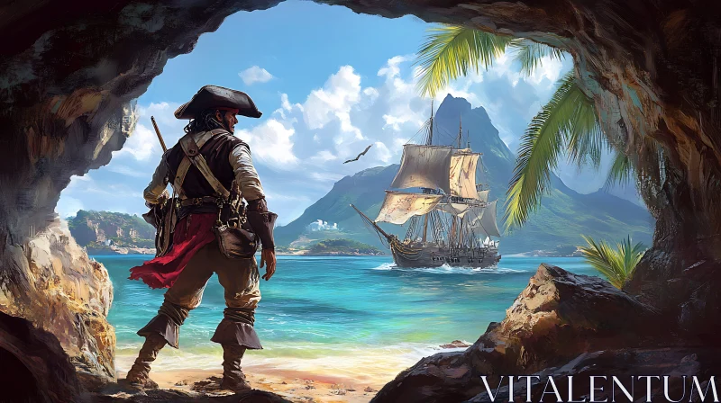 Pirate Viewing Sailboat from Cave AI Image