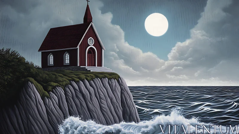 Moonlit Chapel Perched on a Coastal Cliff AI Image