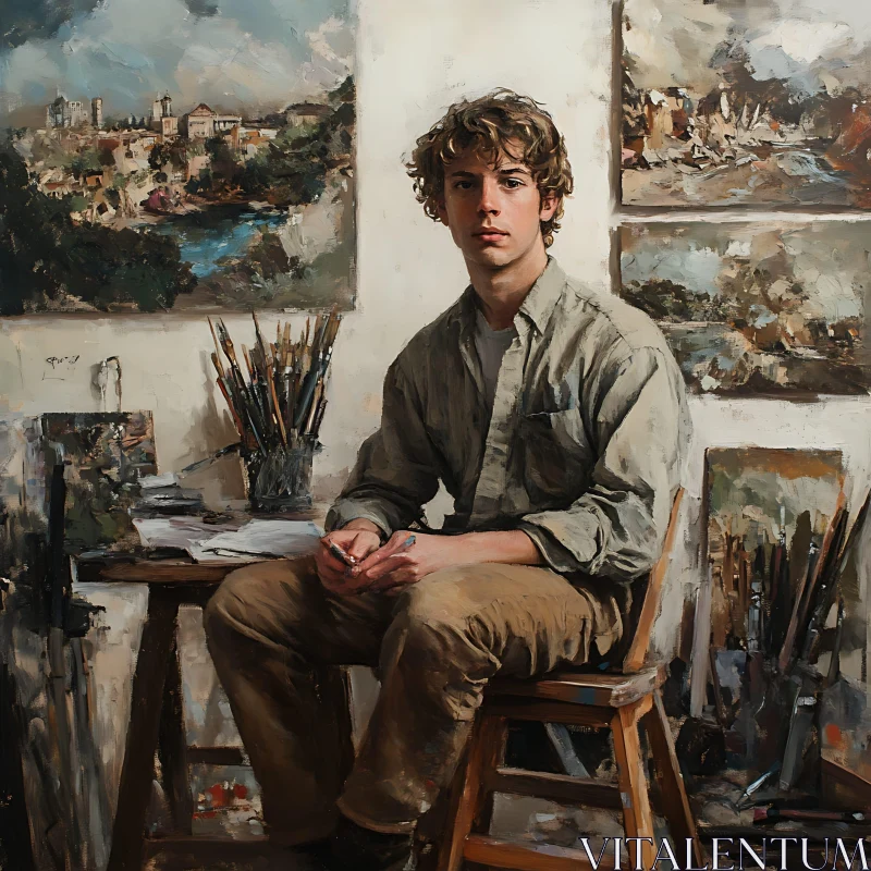 Portrait of a Young Painter in His Studio AI Image