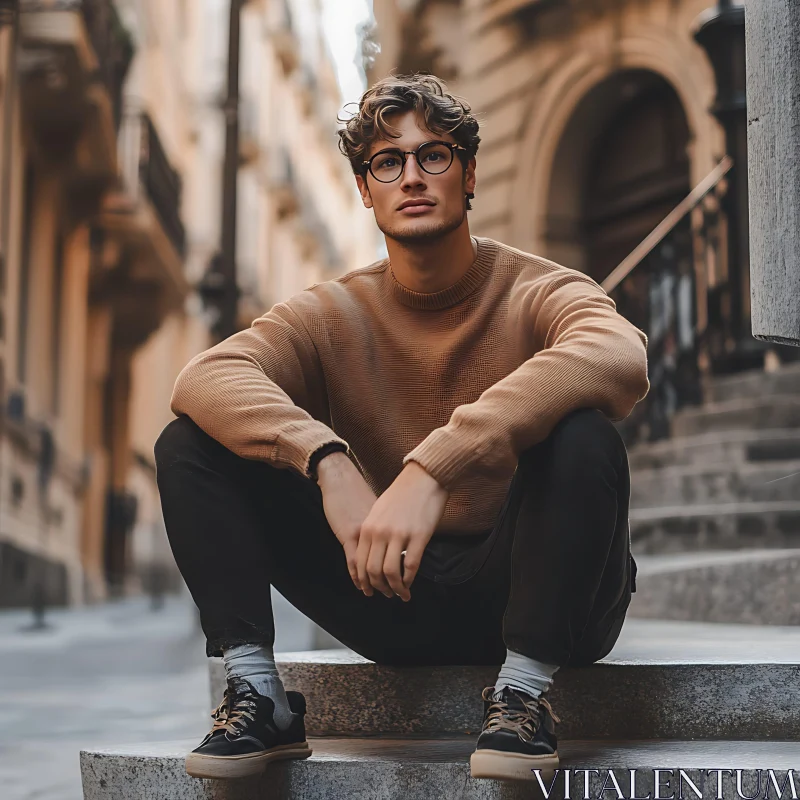 Young Man Sits on Stone Stairs in Historic Town AI Image