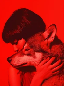 Crimson Embrace: Human and Wolf Portrait