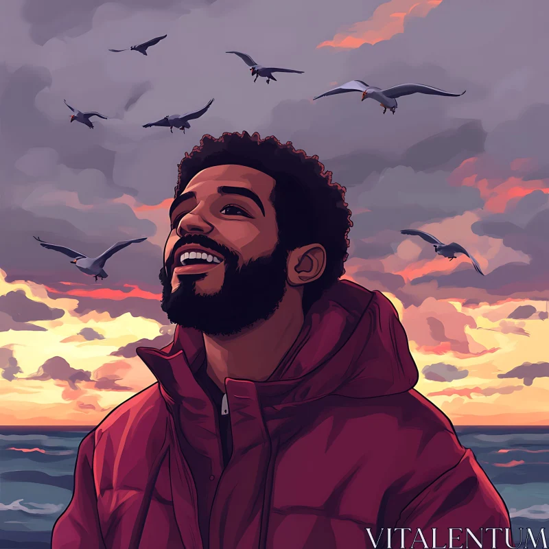 Man Enjoying Sunset on Beach with Seagulls AI Image