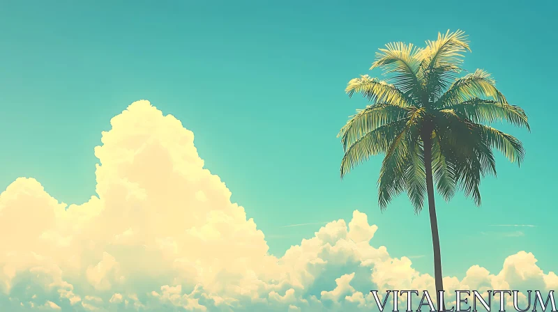 Palm Tree with Fluffy Clouds and Blue Sky Background AI Image