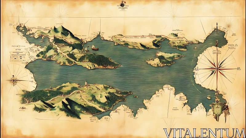 Antique Map Depicting Coastal Islands and Ocean AI Image