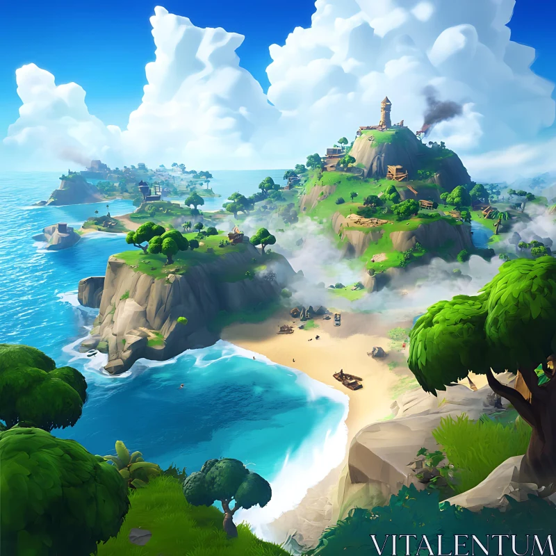 Lush Island with Cliffs and Sandy Beach AI Image