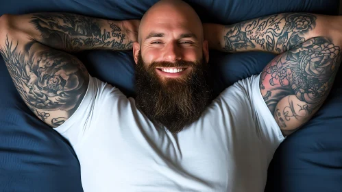 Happy Tattooed Man Lying on Dark Blue Pillow