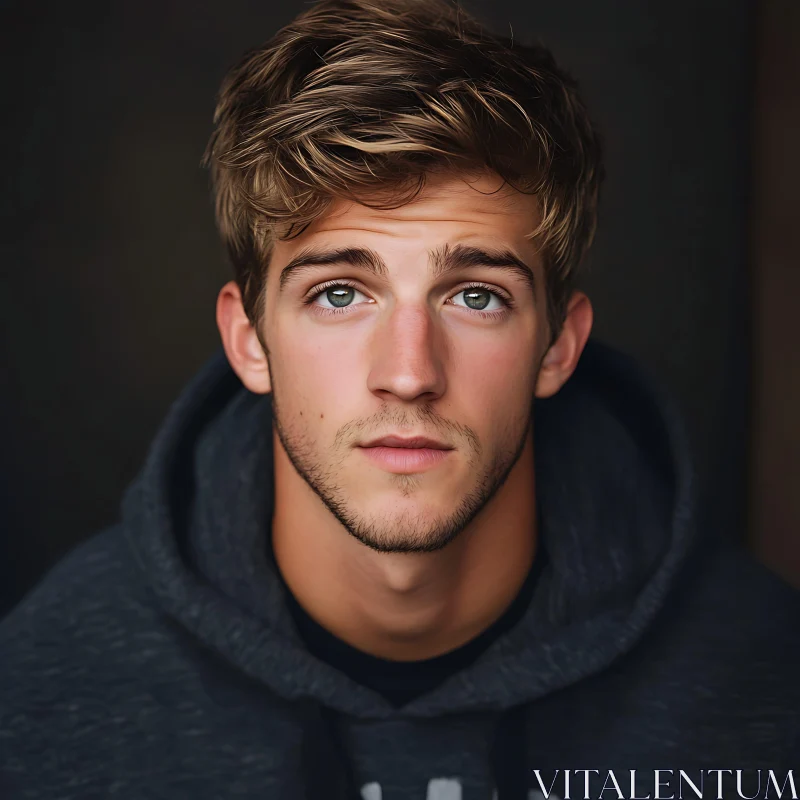 Portrait of a Young Man with Green Eyes and Wavy Hair AI Image