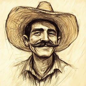 Artistic Sketch of a Man with Mustache and Hat