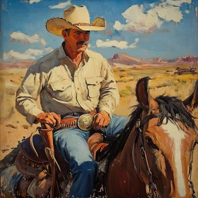 Cowboy on Horseback in Desert