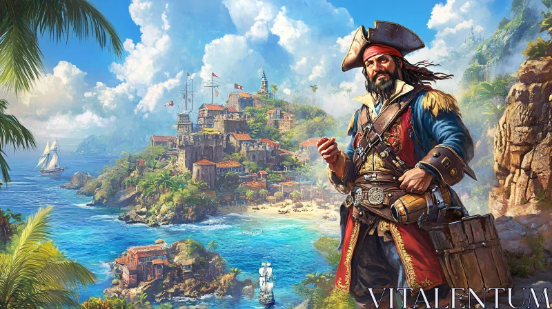 Pirate with Tropical Island Village and Sailing Ships AI Image