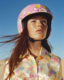 Freckled Woman in Pink Helmet and Floral Shirt