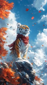 Tiger Standing on Rocky Ledge with Autumn Leaves