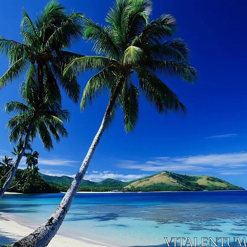 Idyllic Tropical Beach Scene with Palm Trees and Blue Ocean AI Image