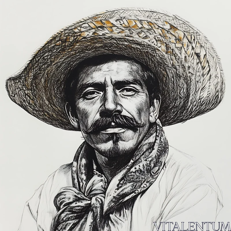 Intricate Portrait of a Man with Mustache and Hat AI Image