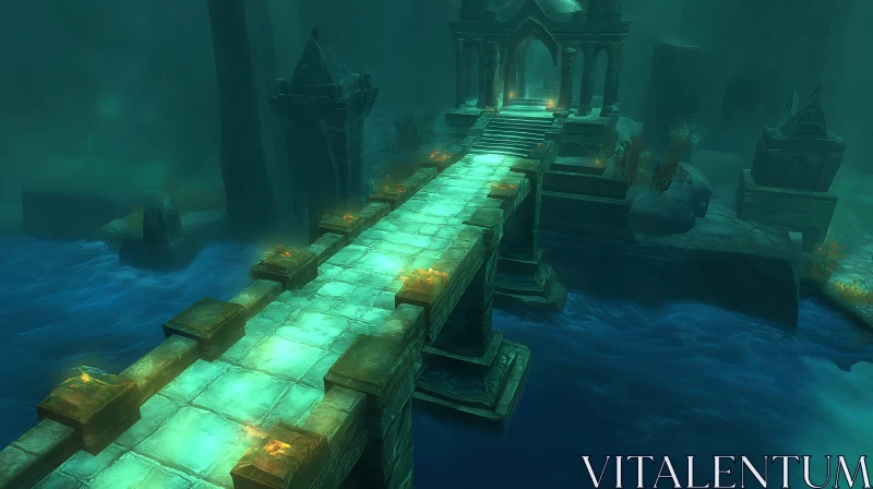 Eerie Ancient Bridge in an Underwater Temple Setting AI Image