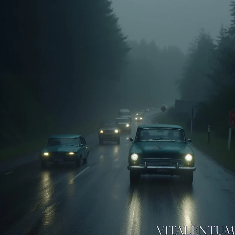 AI ART Vintage Cars in Misty Rain