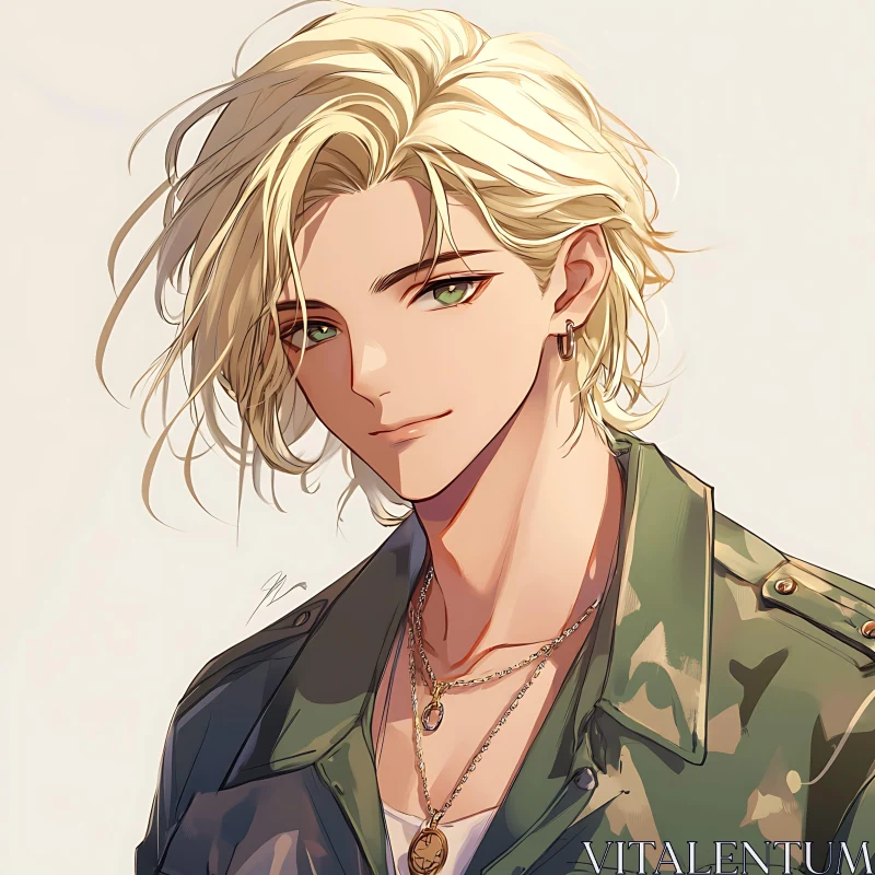 Blonde Anime Character in Camouflage Jacket AI Image