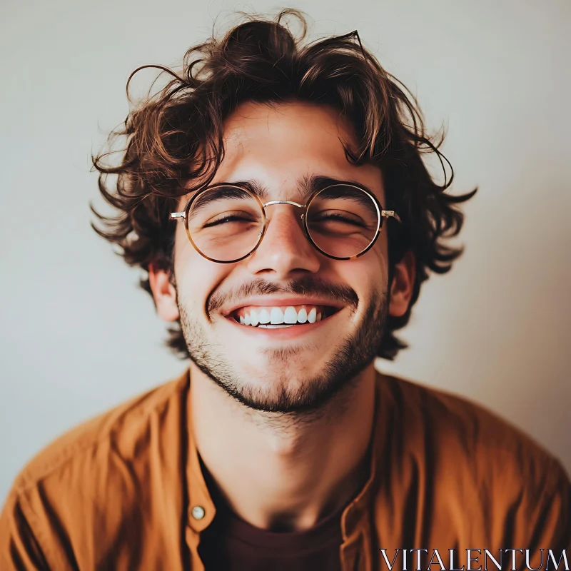 Joyful Portrait of a Man with Curly Hair and Glasses AI Image