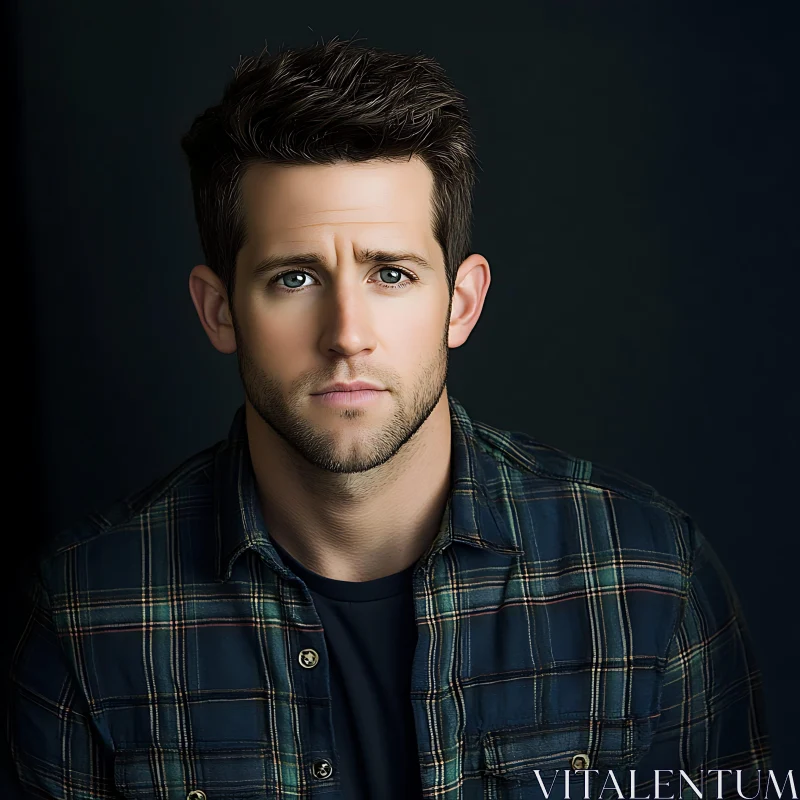 Portrait of a Man with Dark Hair and Plaid Shirt AI Image