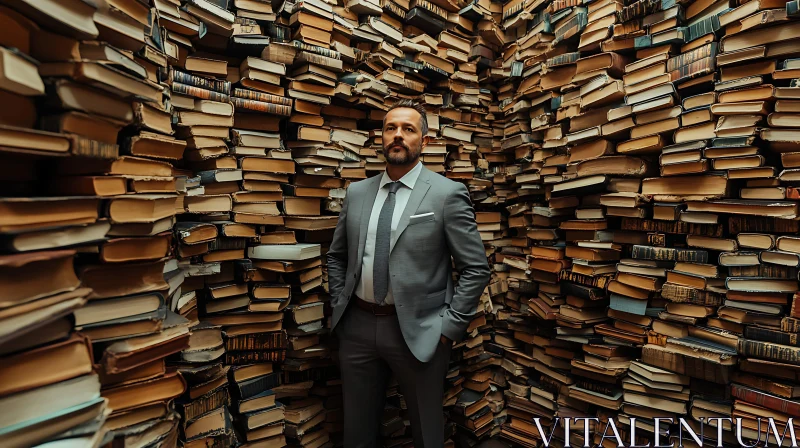 Gentleman Surrounded by Countless Books AI Image