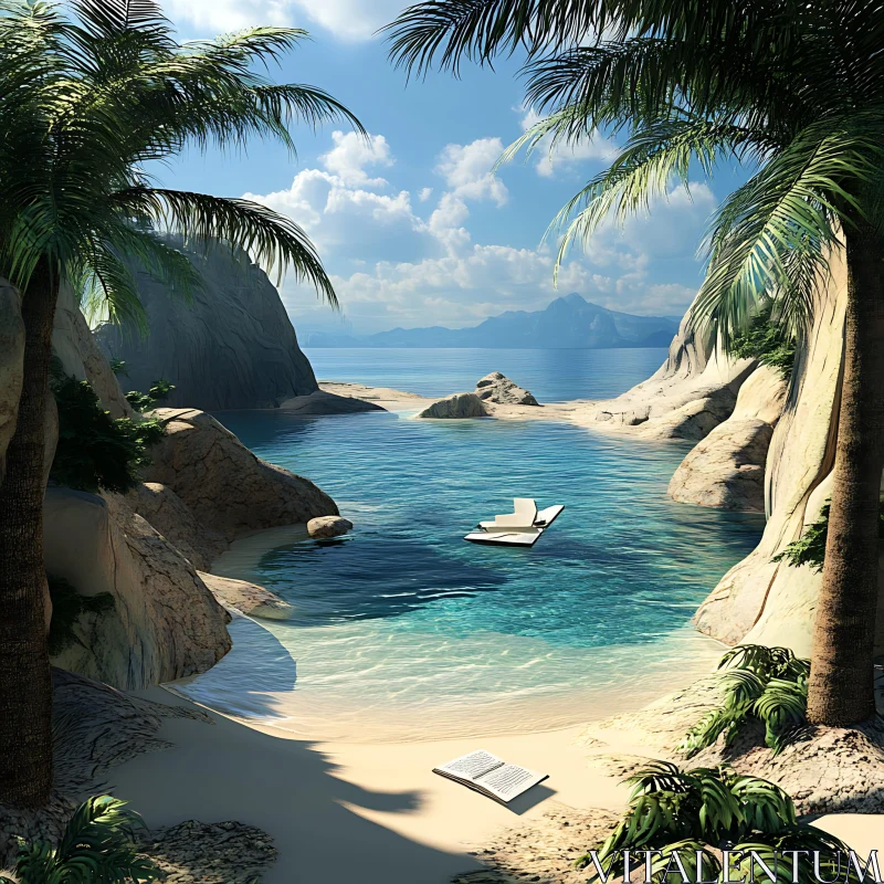 AI ART Secluded Tropical Beach Scene with Lounge Chair