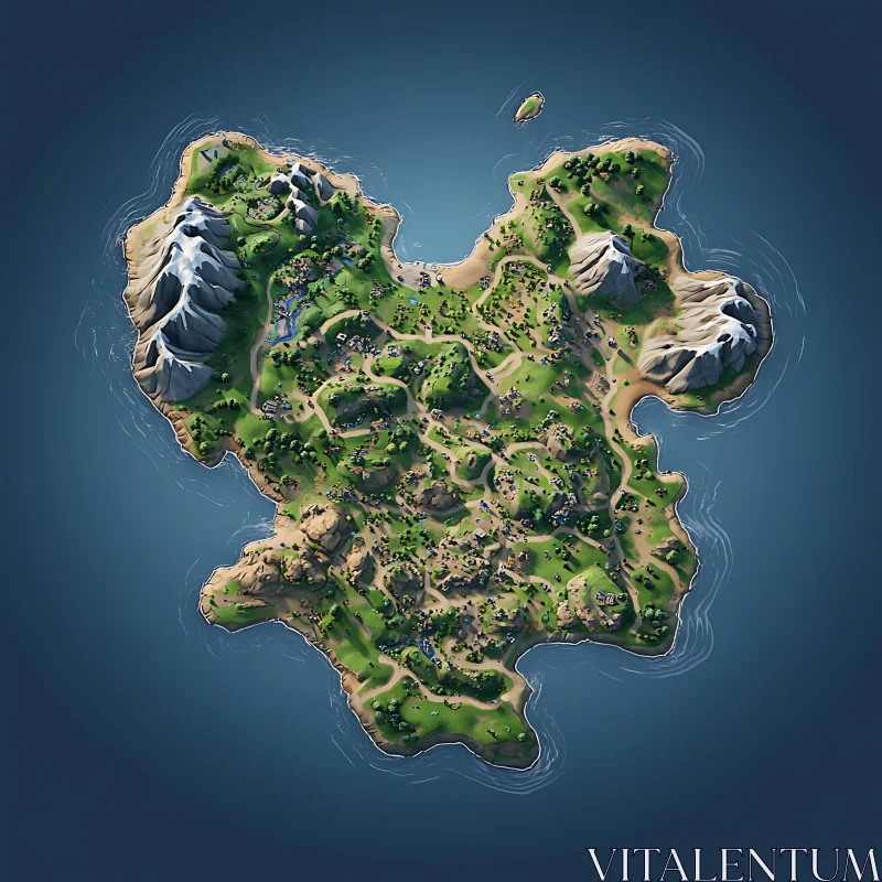 Illustrative Island Map with Varied Landscapes AI Image