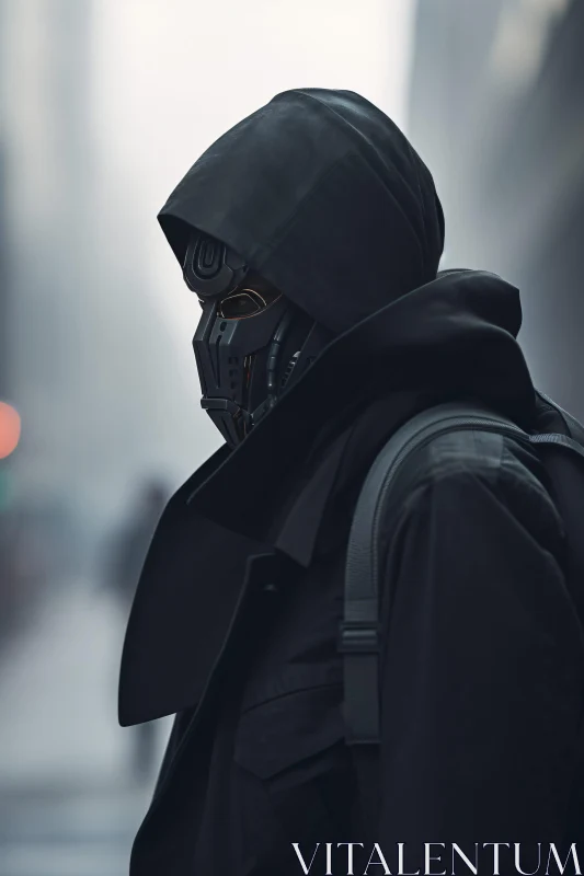 AI ART Cyborg in Hooded Coat Amidst City Fog