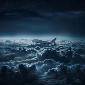 Airplane Above Clouds at Night