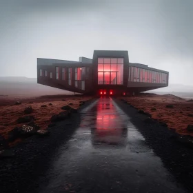 Modern Red-Lit Architecture in Fog