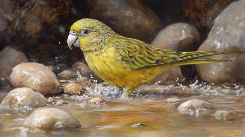 Parrot with Yellow Feathers by a Stream