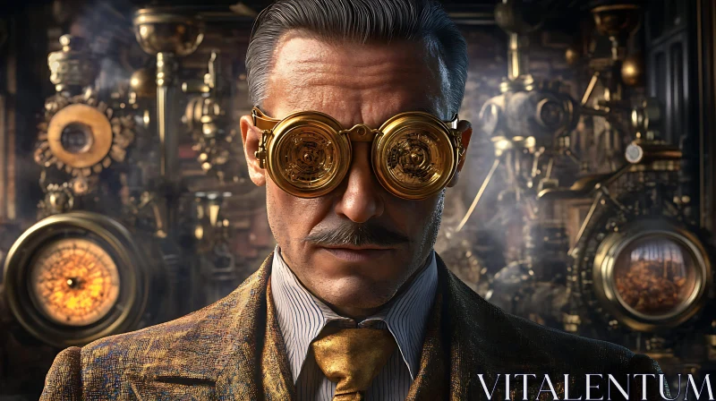 Man with Steampunk Goggles and Vintage Machinery AI Image