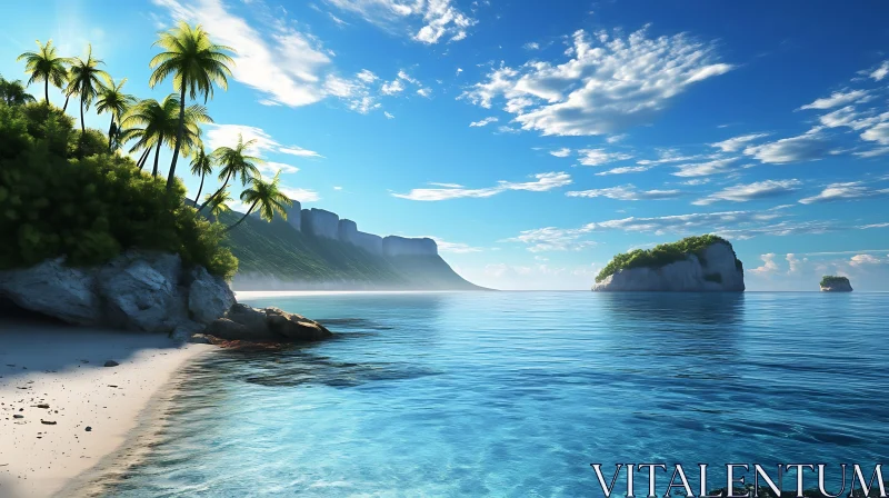 Serene Island Beach Scene with Palm Trees and Cliffs AI Image