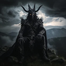 Dark Armored Figure Overlooking Stormy Mountain