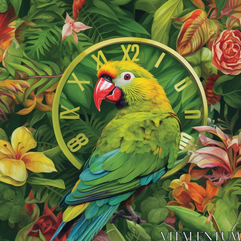 AI ART Tropical Parrot with Antique Clock