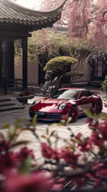 Luxury Car Amidst Cherry Blossoms in an Asian Setting