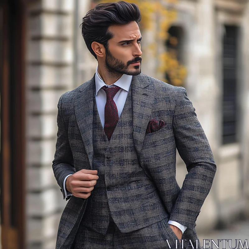 Stylish Gentleman in a Gray Checkered Suit AI Image