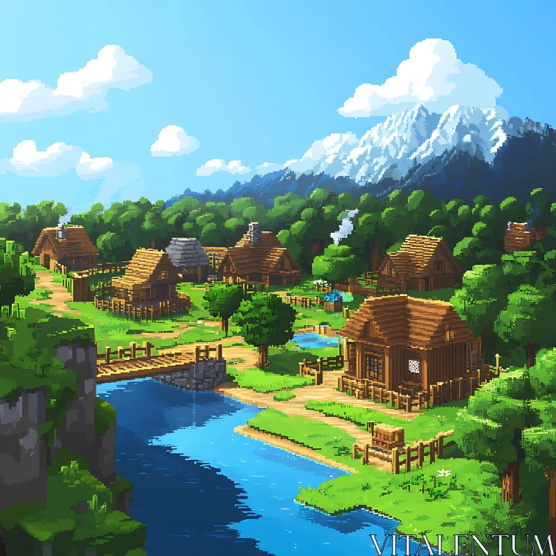 Pixel Art Village Landscape AI Image