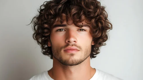 Curly-Haired Man's Portrait with Neutral Background