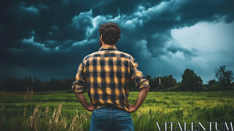 Man in Plaid Shirt Watching Storm Clouds AI Image