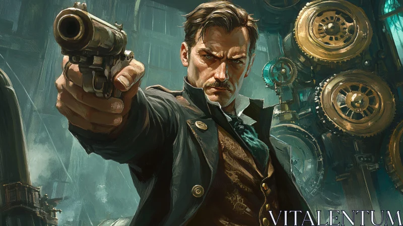 Victorian Man Holding Gun in a Steampunk Setting AI Image