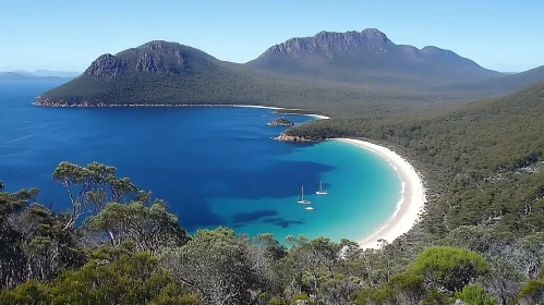 Serene Bay with Sailboats and Mountains