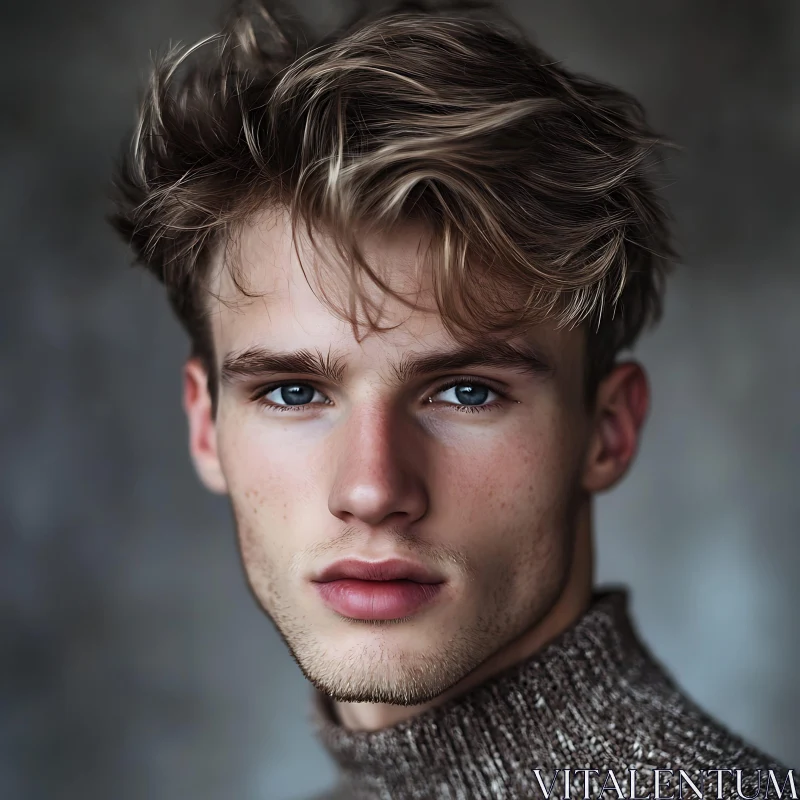 Young Man with Striking Blue Eyes and Tousled Blonde Hair AI Image