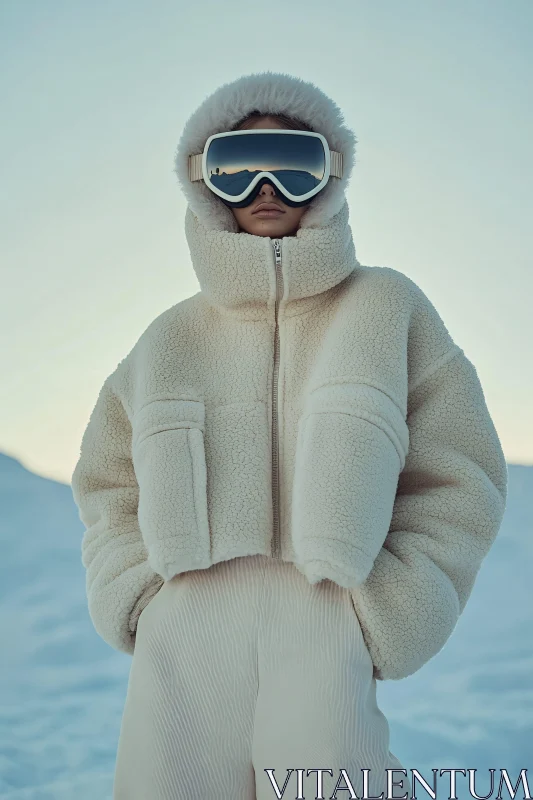 Stylish Winter Attire with Reflective Goggles