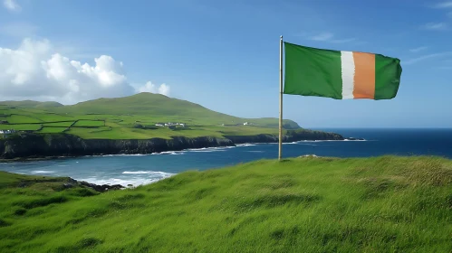 Scenic Coastline with Tricolored Flag and Rolling Green Hills